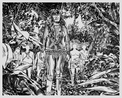serigraphie dessin noir et blanc du peuple premier Awa d'amazonie par Joao Pinheiro