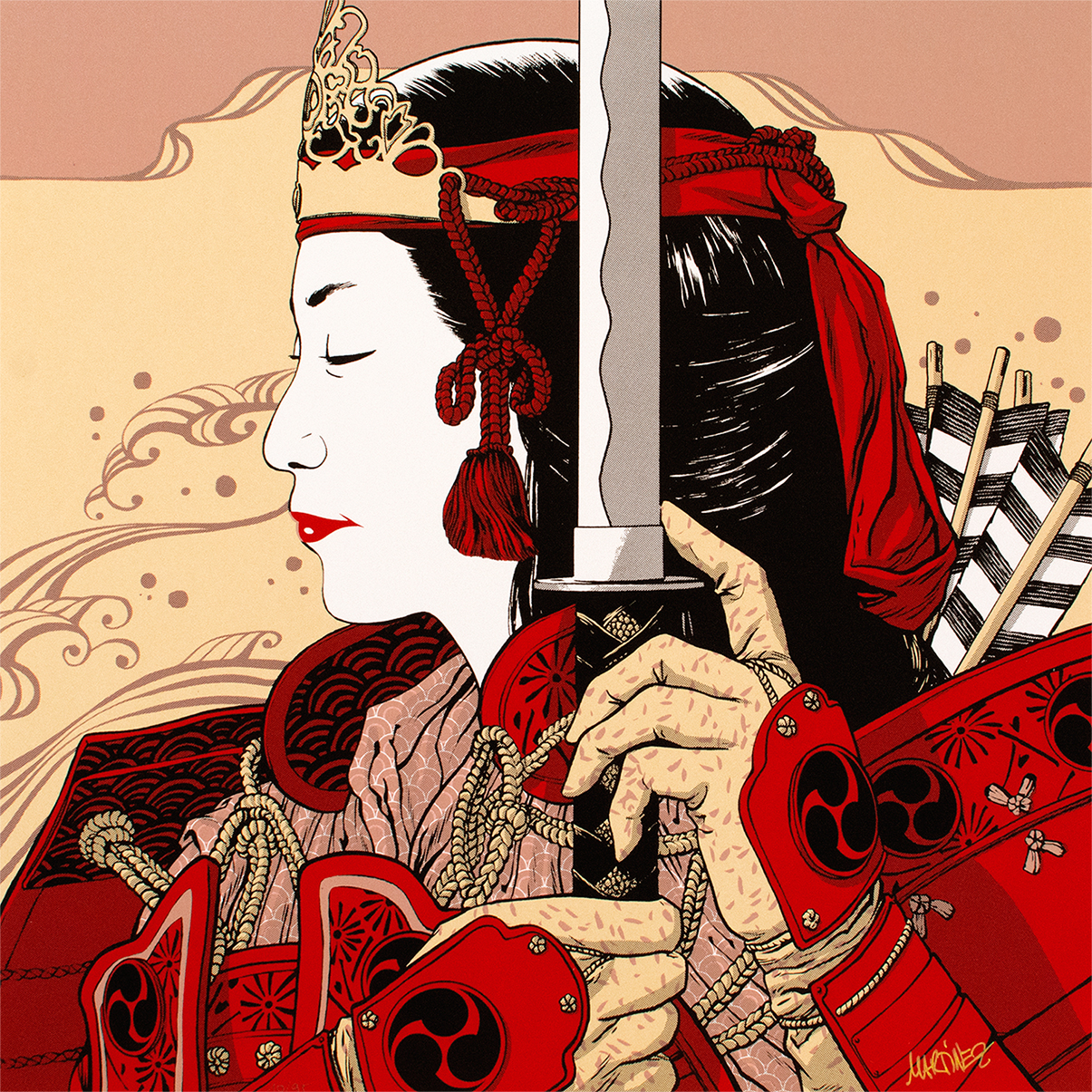 Portrait femme samouraï dessin par guillaume martinez pour affiche en serigraphie