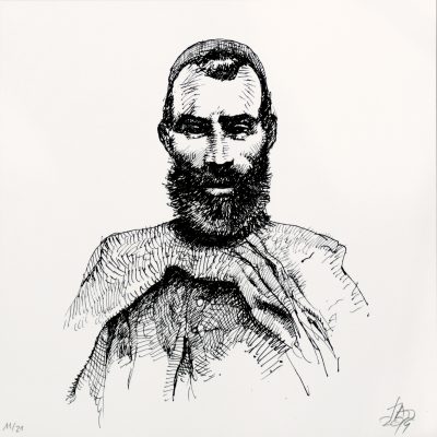 portrait dessin noir et blanc d'Ahmed Oumeri par Benjamin Flao. Serigraphie poule rouge editions