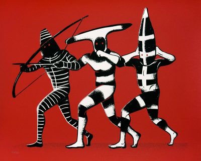 illustration pour serigraphie noir et rouge du peuple selknam terre de feu chili par Tomas Ives