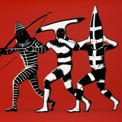illustration pour serigraphie noir et rouge du peuple selknam terre de feu chili par Tomas Ives