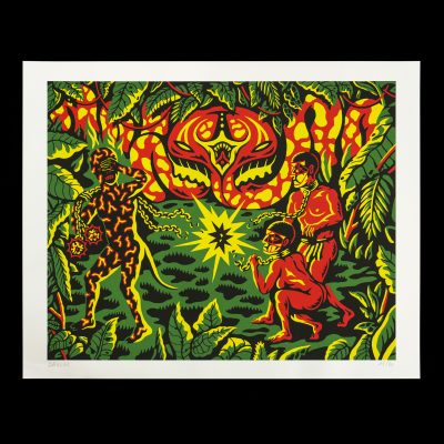 illustration de Brulex sur le peuple Nukak de Colombie pour collection serigraphies sur peuples autochtones micro editions la poule rouge