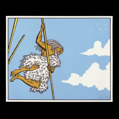 affiche en serigraphie sur les guanches, peuple premier des iles canaries un homme saute à la perche illustration par Baladi