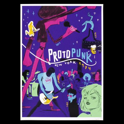 affiche en serigraphie avec les ramones, blondie, iggu pop et le mouvement protopunk dessiné par Raul arino