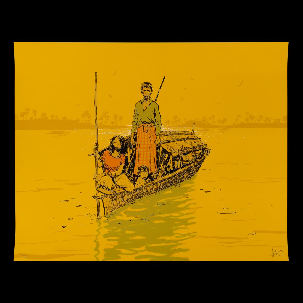 affiche serigraphie peuple moken sur une barque dessin benjamin Flao