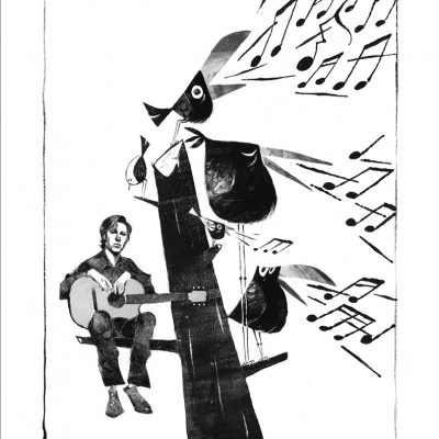 affiche en noir et blanc de bill callahan assis sur une branche d'arbre avec des oiseux et des notes de musique,dessin par raphael gauthey