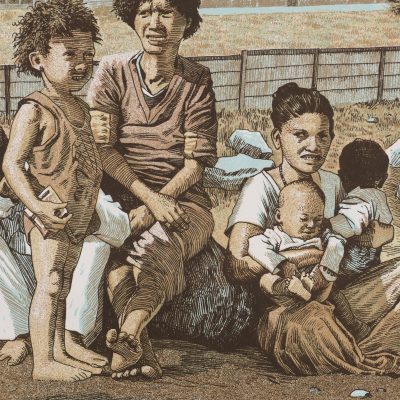 femmes et enfants du peuples aetas des philipines dessin ivan brun serigraphie la poule rouge