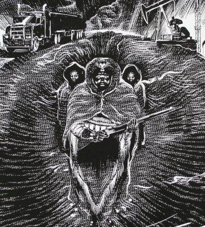 hommes au centre d'une tête d'ours ch'attan gwich'in. Dessin affiche serigraphiée noir et blanc