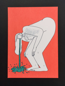 illustration carte postale fille qui vomit sur fond rouge Sole Otero